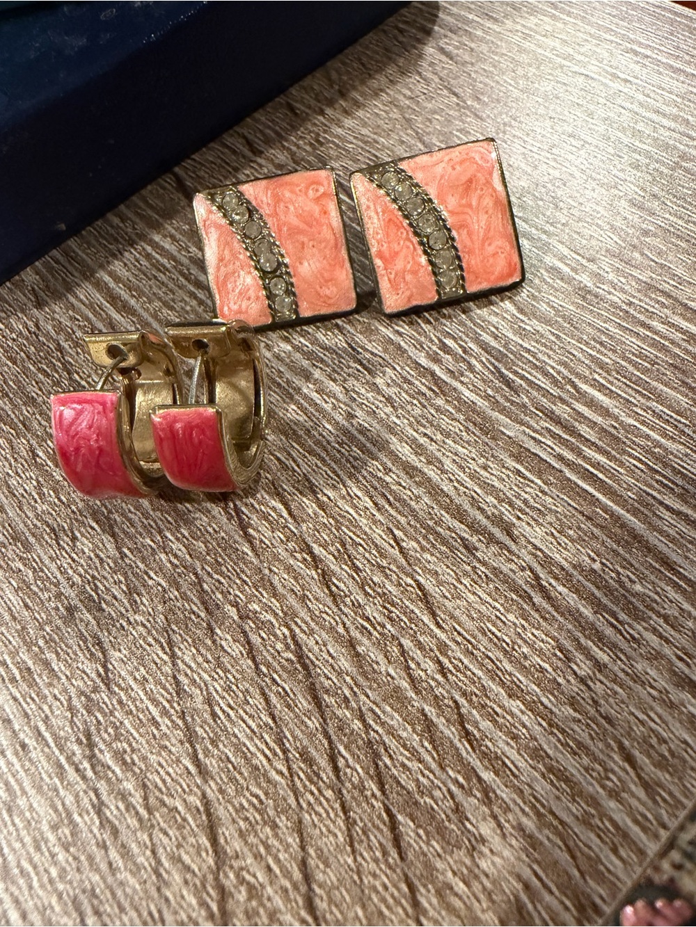 Pink Enamel Hoop and Square Stud Earring Duo